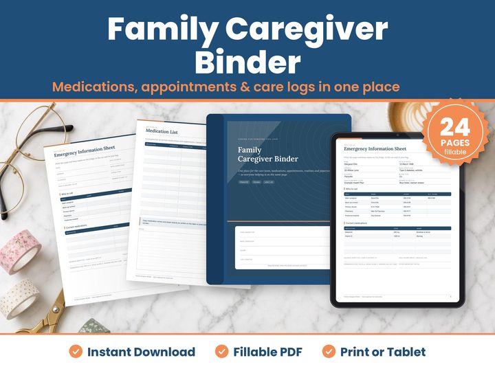 Family Caregiver Binder digital download hero image: printed pages and tablet showing the real caregiver binder pages