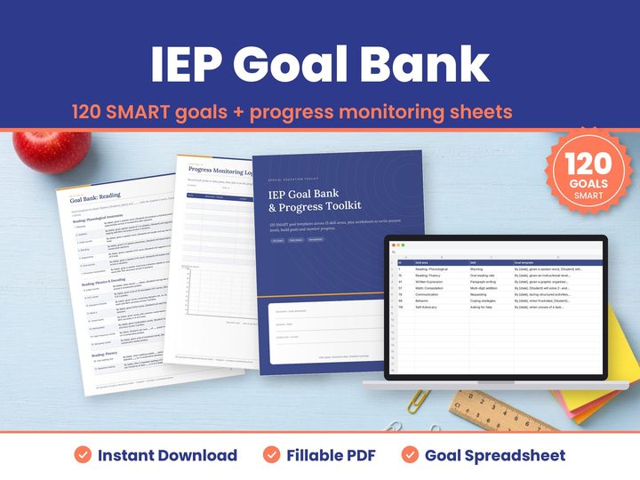 IEP Goal Bank digital download hero image: printed pages and tablet showing the real iep goal bank pages