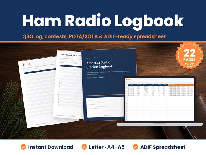 Ham Radio Logbook digital download hero image: printed pages and tablet showing the real ham radio logbook pages