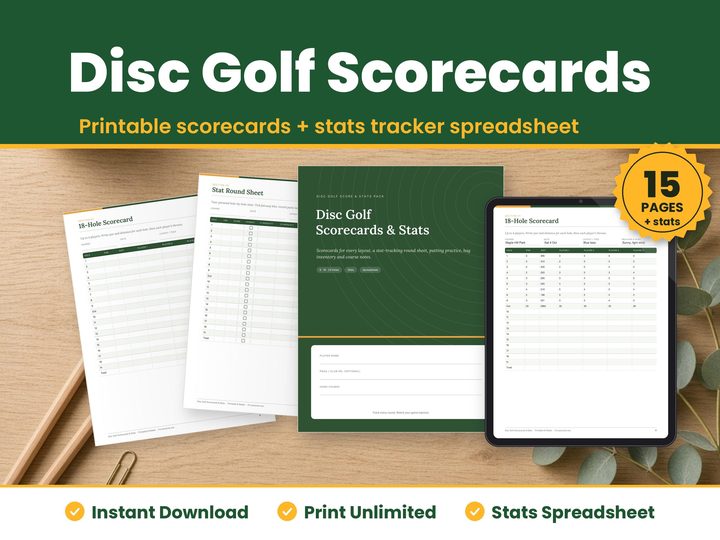 Disc Golf Scorecards digital download hero image: printed pages and tablet showing the real disc golf scorecard pages