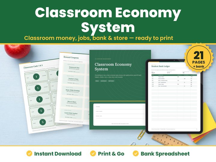 Classroom Economy System digital download hero image: printed pages and tablet showing the real classroom economy system pages