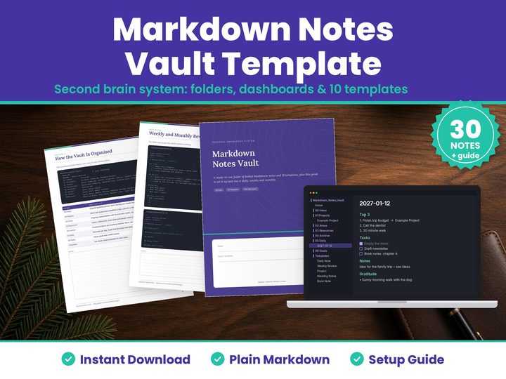 Markdown Notes Vault Template digital download hero image: printed pages and tablet showing the real markdown notes vault pages