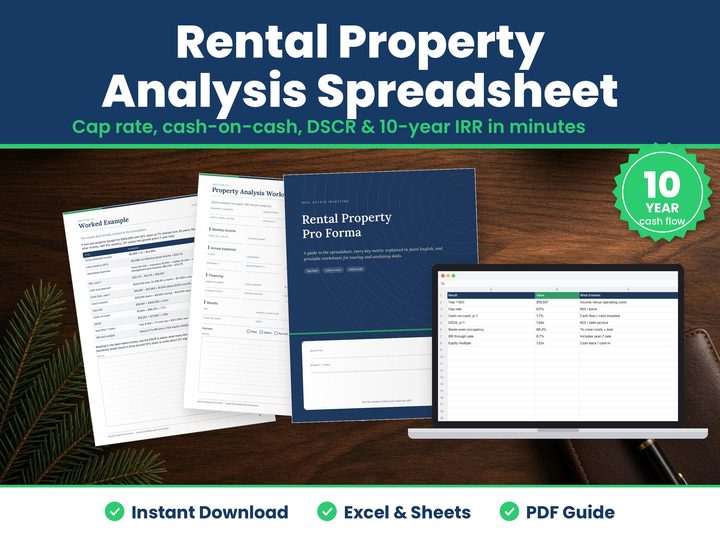 Rental Property Analysis Spreadsheet digital download hero image: printed pages and tablet showing the real rental property analysis spreadsheet pages