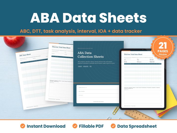 ABA Data Sheets digital download hero image: printed pages and tablet showing the real aba data sheets pages