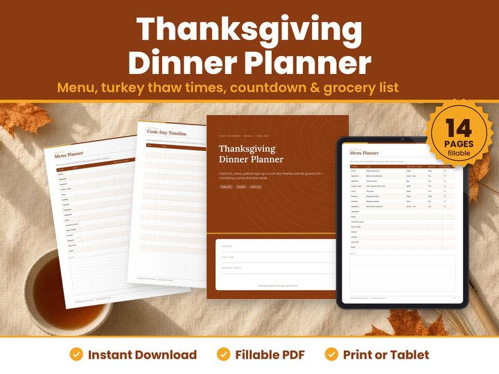 Thanksgiving Dinner Planner digital download: printed pages and tablet showing the real thanksgiving dinner planner pages