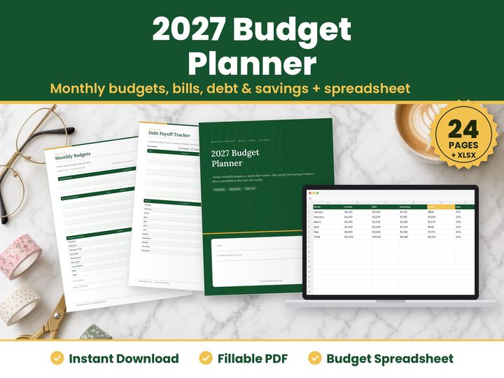 2027 Budget Planner digital download: printed pages and tablet showing the real 2027 budget planner pages