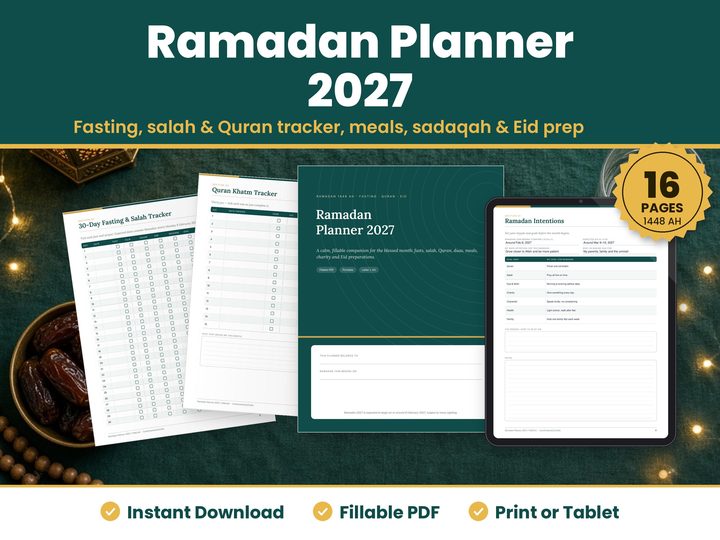 Ramadan Planner 2027 digital download: printed pages and tablet showing the real ramadan planner 2027 pages