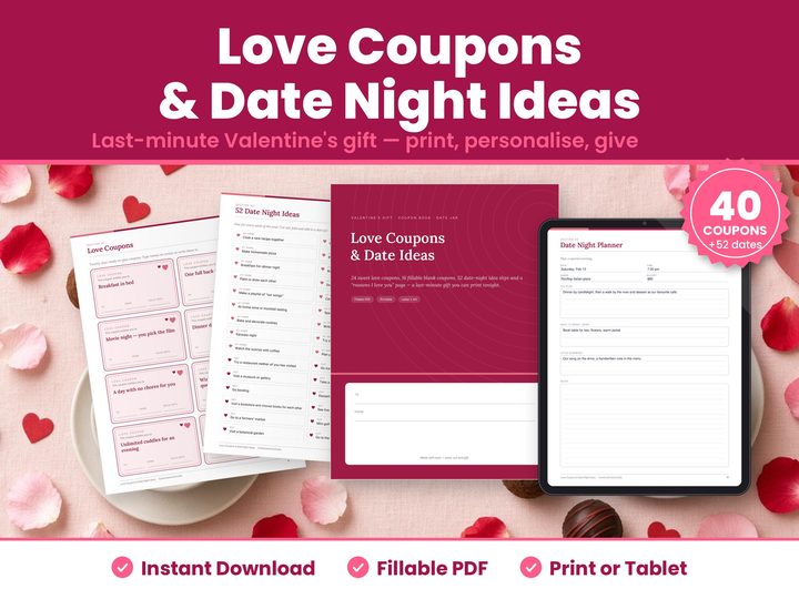 Love Coupons & Date Night Ideas digital download: printed pages and tablet showing the real love coupons pages