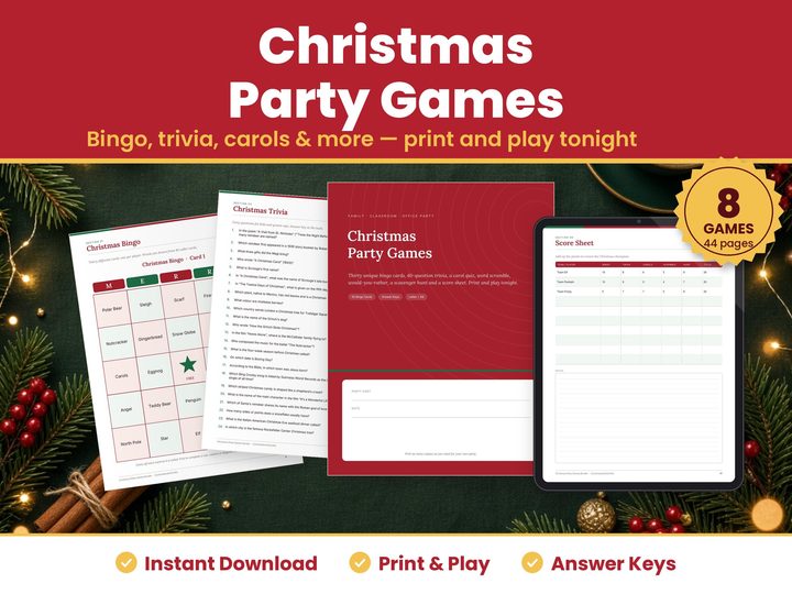 Christmas Party Games digital download: printed pages and tablet showing the real christmas party games pages